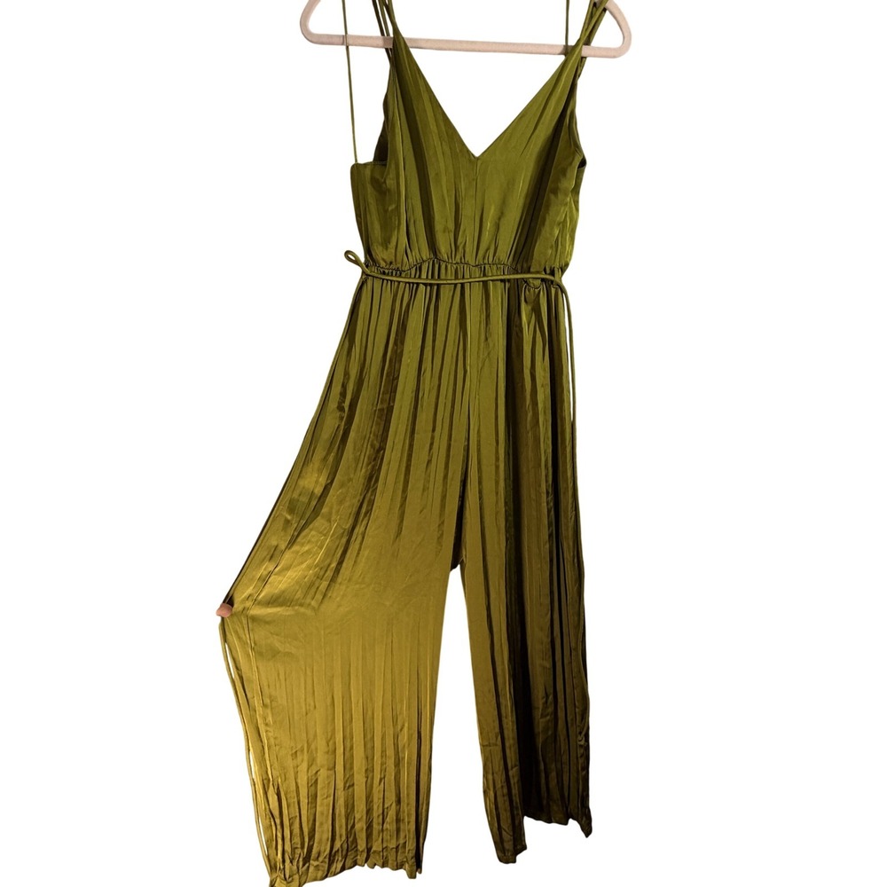 Zara Jumpsuit Women Medium Green Pleated Wide Leg‎ V-Neck Spaghetti Strap - Picture 4 of 6